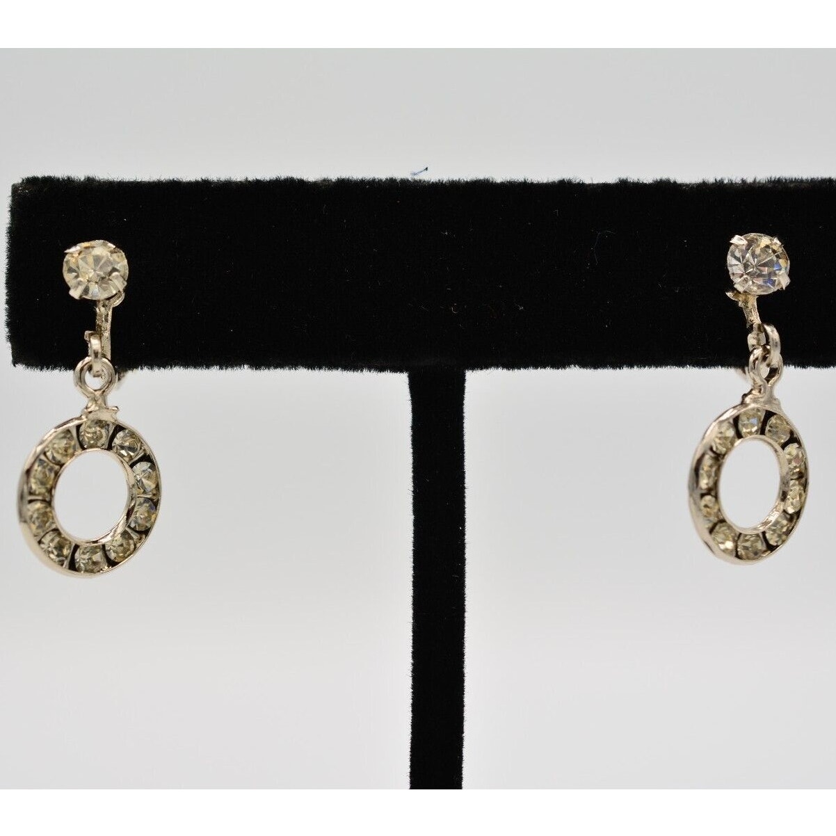 Vintage Clip On Earrings Dangle Rhinestone Crystal Silver Tone 1990s Binae